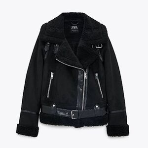Black Zara Suede Faux Fur Shearling Aviator Jacket